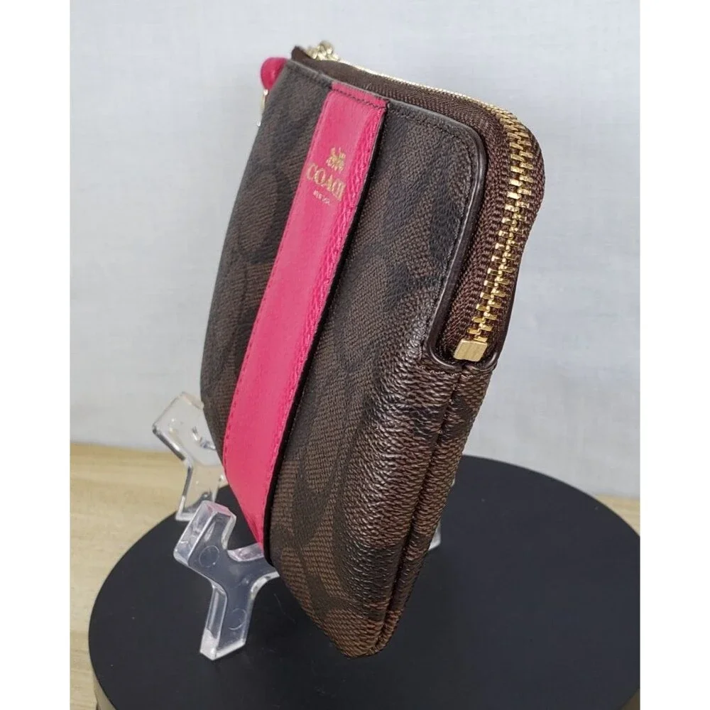 COACH Corner Zip Wristlet In Dark Brown Signature Leather w/ Hot Pink Stripe